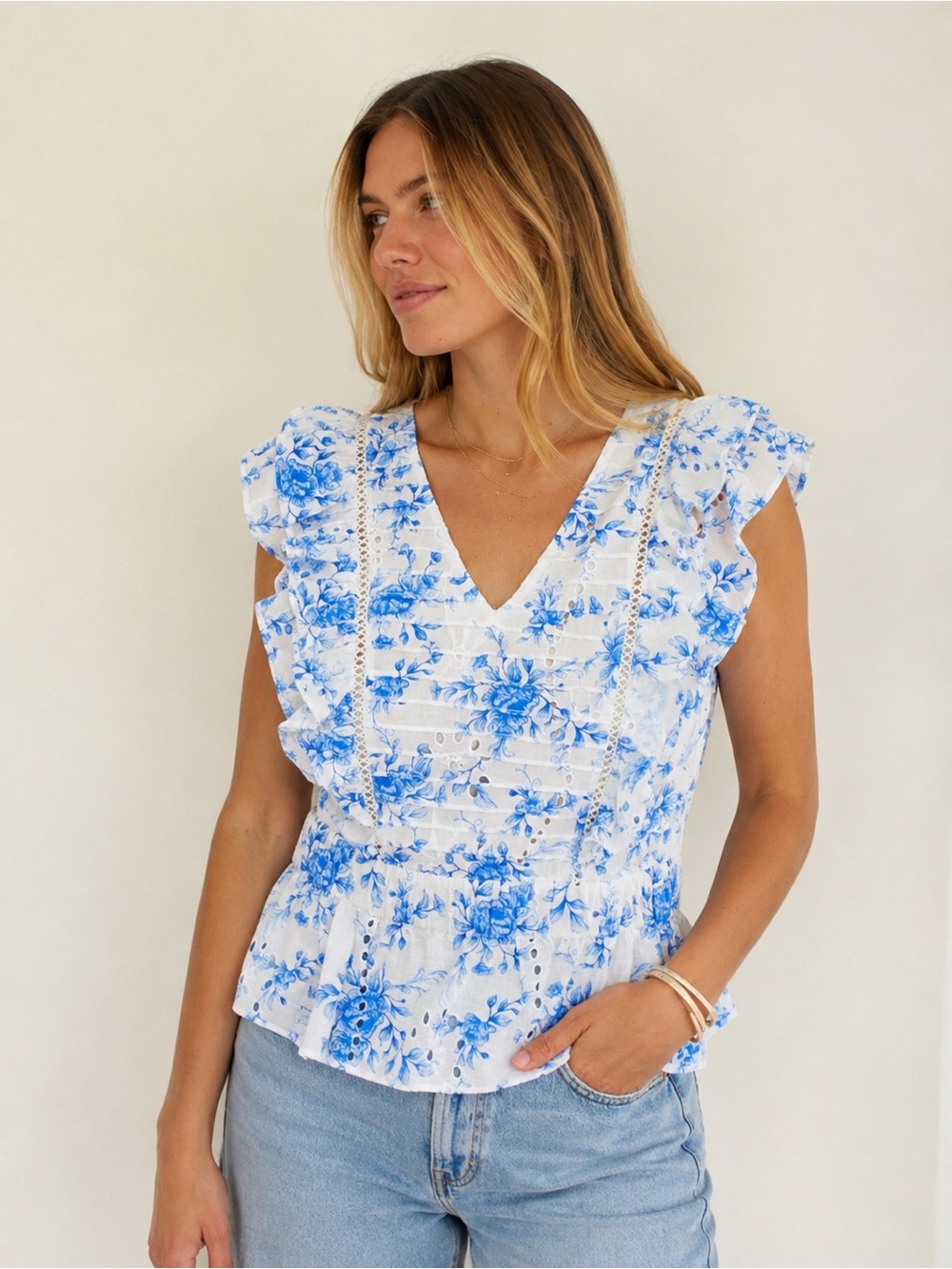Anthropologie Blue and White Floral Eyelet Ruffle Tank